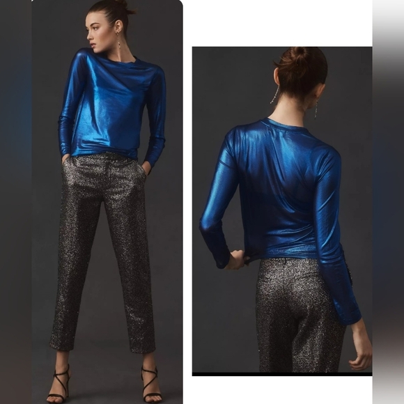 Porridge Anthropologie Long-Sleeve Mesh Shine Top In Blue Size S - Picture 1 of 13